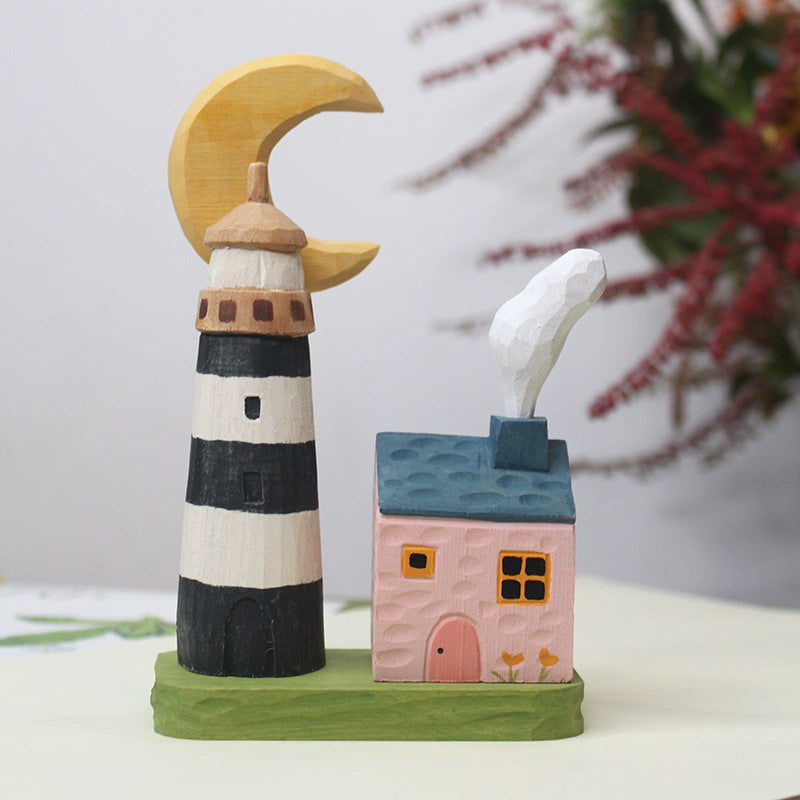 Fan Moon Lighthouse Wooden Carving Decorative Gift Set