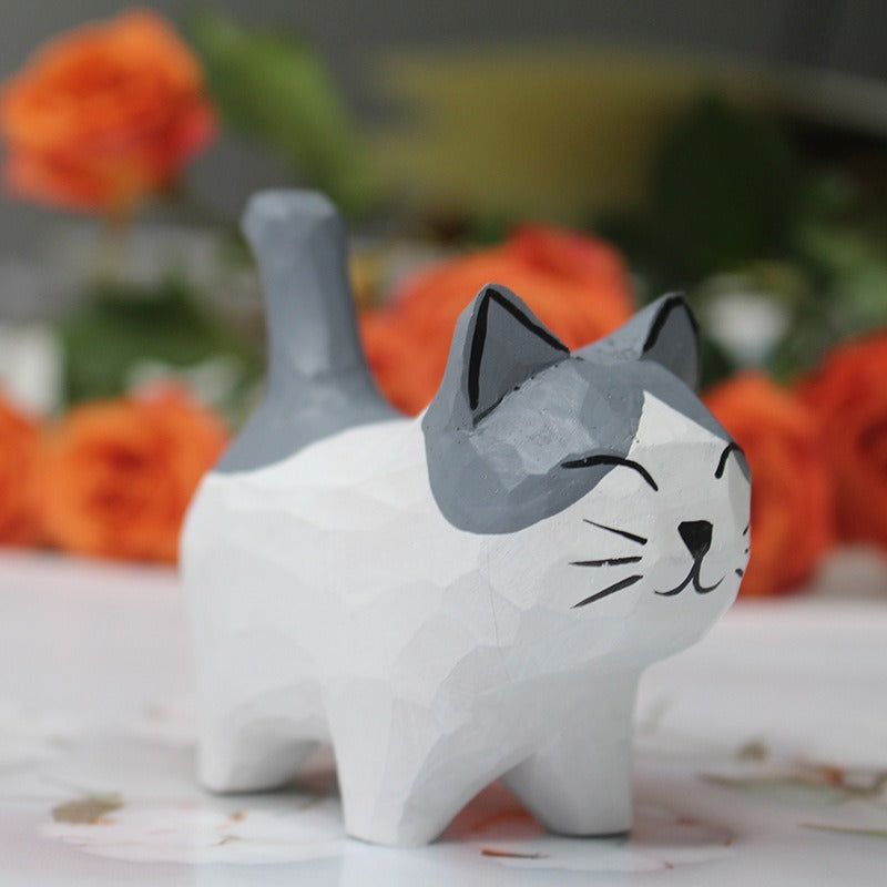 Hand-Carved Wooden Cat Ornament