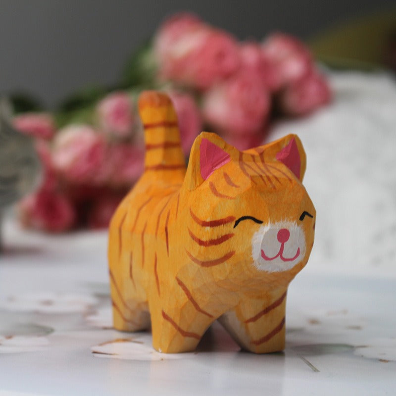 Hand-Carved Wooden Cat Ornament